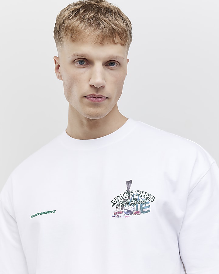 River Island White Oversized Fit Apres Ski Club T-Shirt
