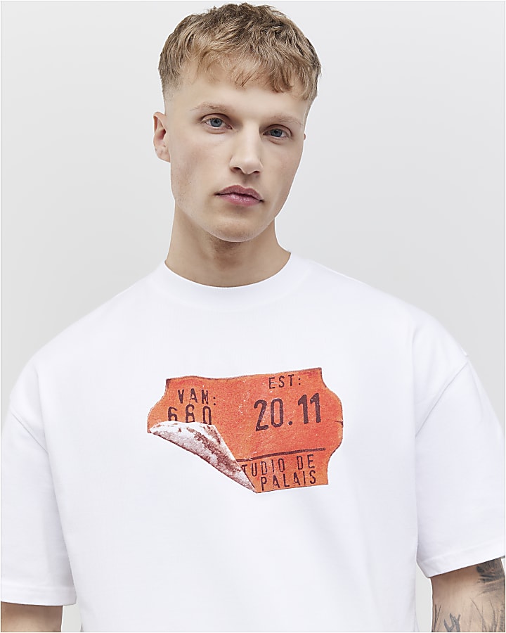 River Island White Oversized Fit Barcode Label T-Shirt
