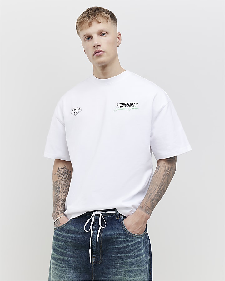 River Island White Oversized Fit Barcode Receipt T-Shirt