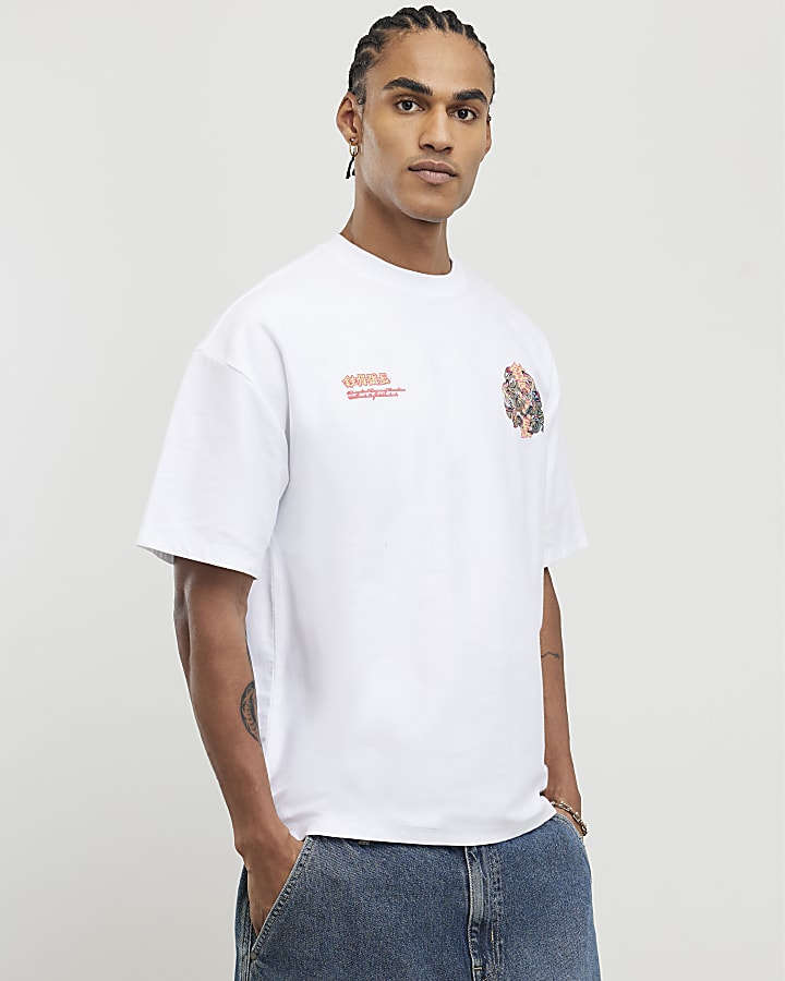 River Island White Oversized Fit Dragon Graffiti T-Shirt