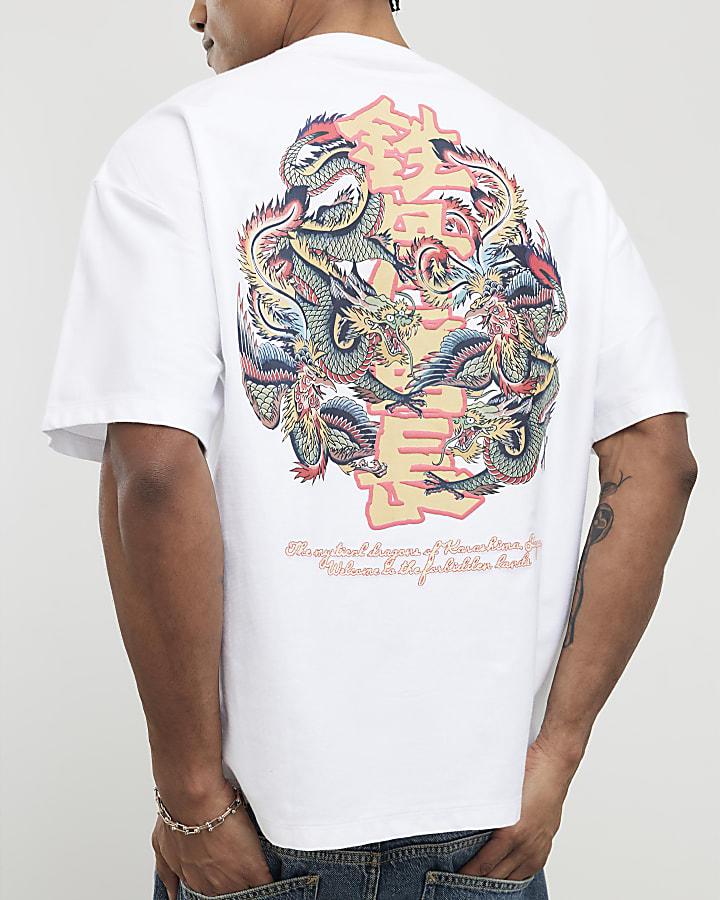 River Island White Oversized Fit Dragon Graffiti T-Shirt