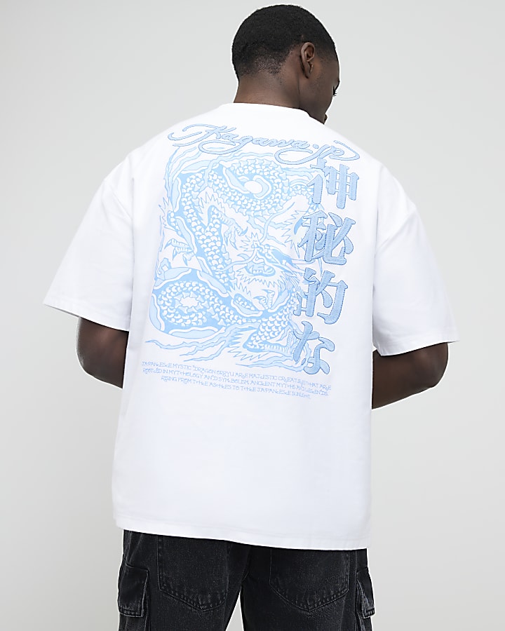 River Island White Oversized Fit Kagawa Dragon T-Shirt