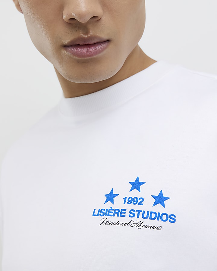 River Island White Oversized Fit Lisere Studios T-Shirt