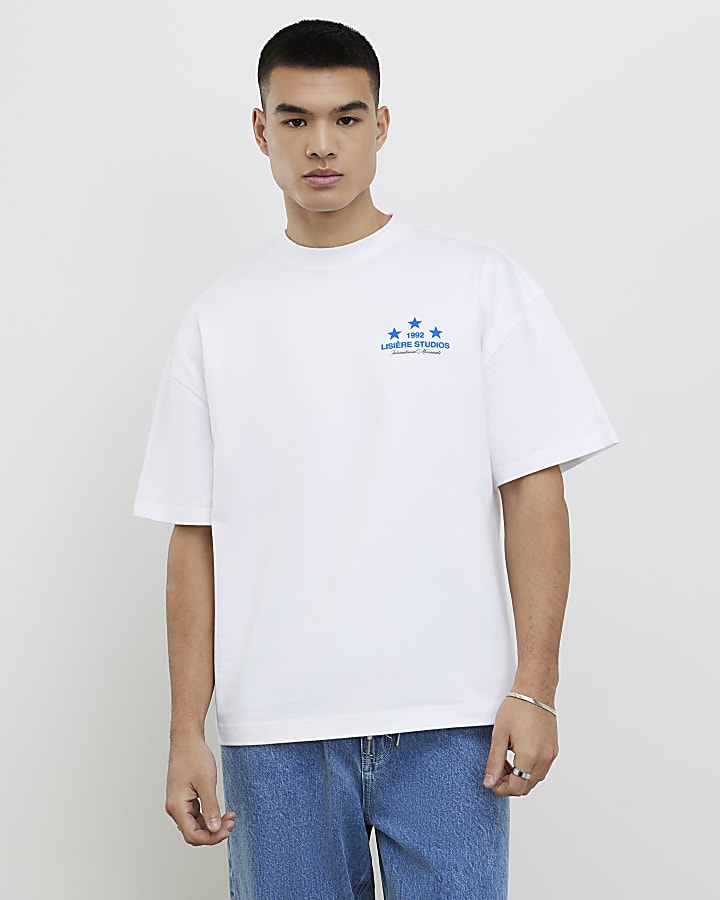 River Island White Oversized Fit Lisere Studios T-Shirt