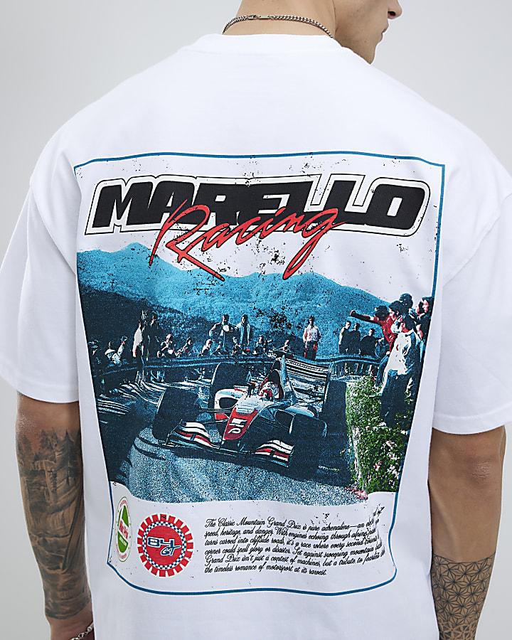 River Island White Oversized Fit Marello Racing T-Shirt