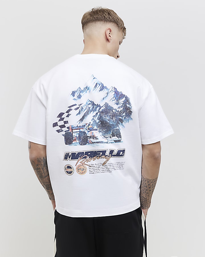 River Island White Oversized Fit Morello Racing T-Shirt
