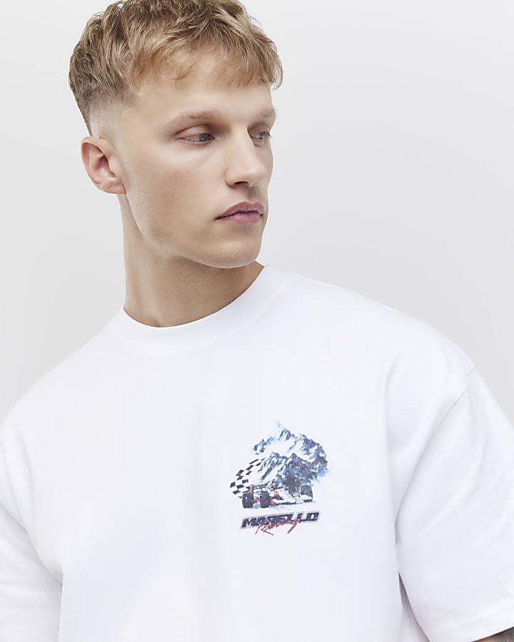 River Island White Oversized Fit Morello Racing T-Shirt