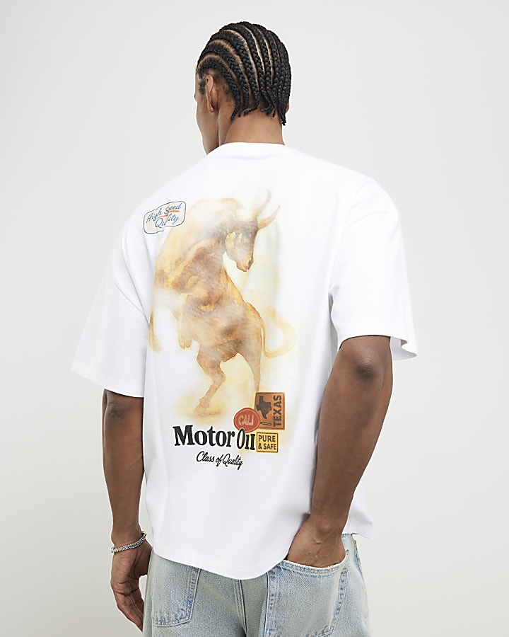 River Island White Oversized Fit Motor Oil Bull T-Shirt