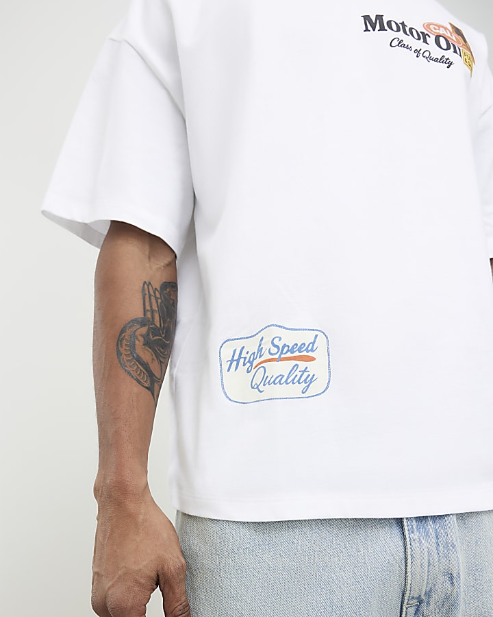 River Island White Oversized Fit Motor Oil Bull T-Shirt