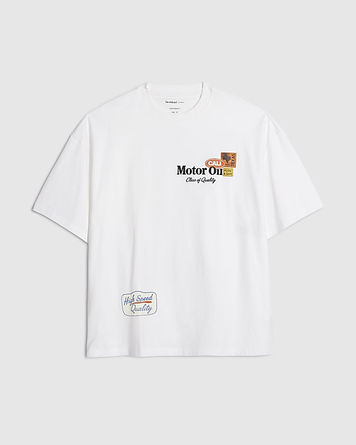 river island White Oversized Fit Motor Oil Bull T-Shirt