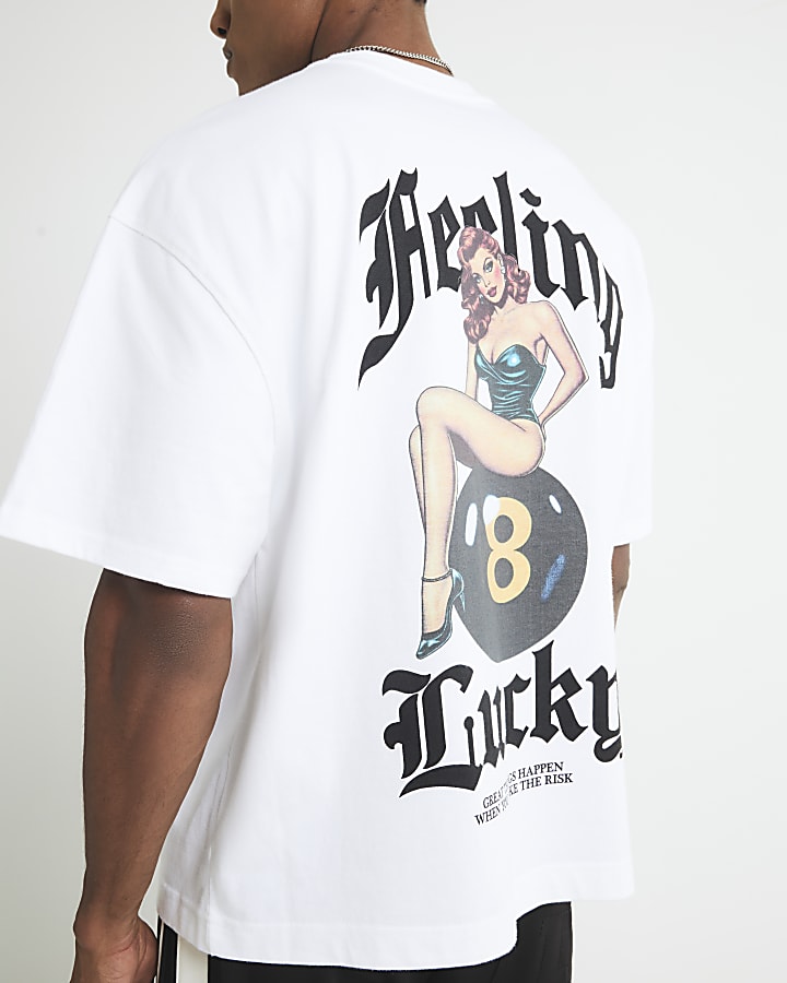 River Island White Oversized Fit Pinup Lucky T-Shirt