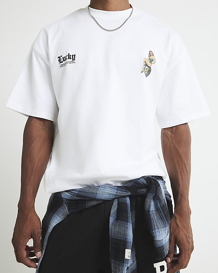 River Island White Oversized Fit Pinup Lucky T-Shirt