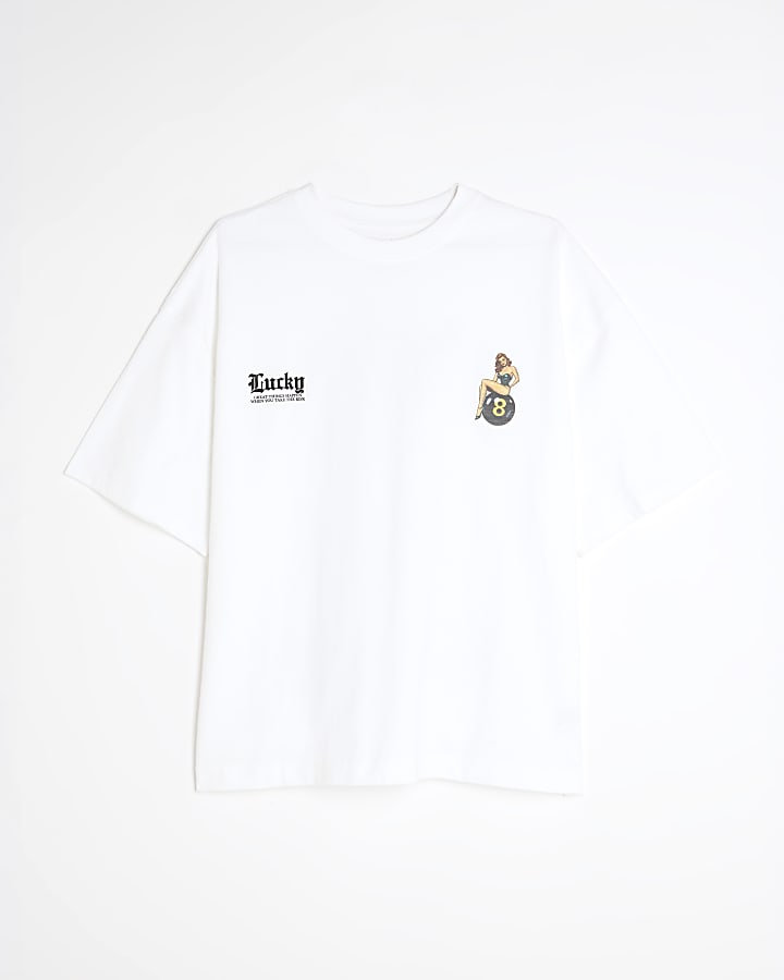 river island White Oversized Fit Pinup Lucky T-Shirt