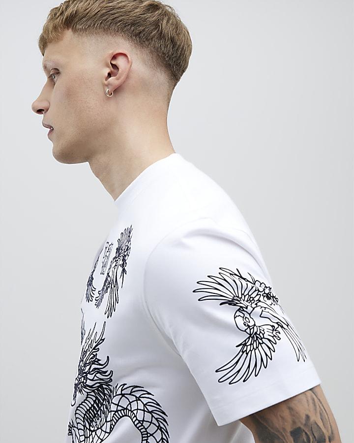 River Island White Oversized Fit Ying Yang Dragons T-Shirt