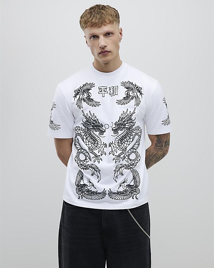 River Island White Oversized Fit Ying Yang Dragons T-Shirt