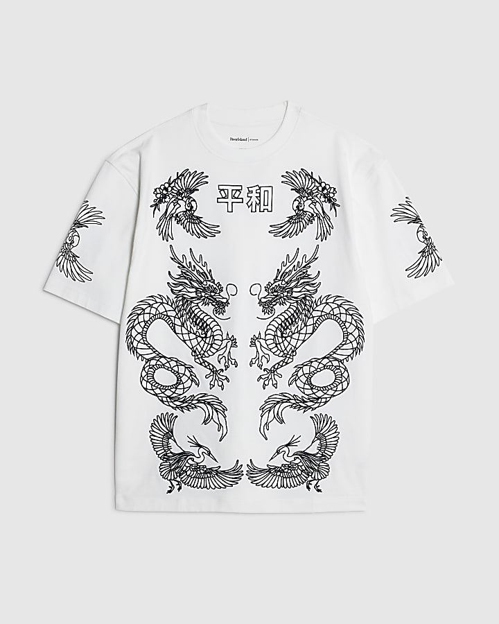 river island White Oversized Fit Ying Yang Dragons T-Shirt