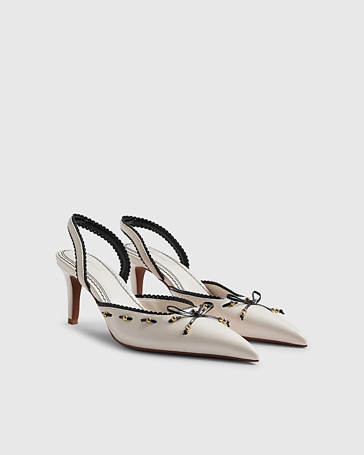 River Island White Piped Bow Sling Back Court Heels