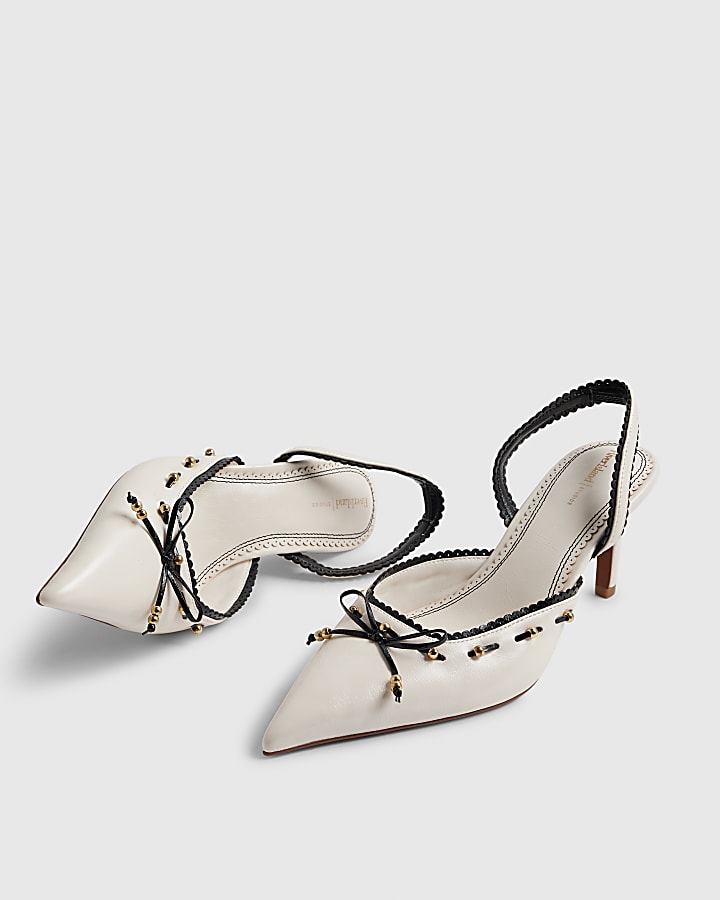 River Island White Piped Bow Sling Back Court Heels