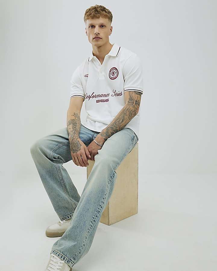 River Island White Regular Fit Performance Polo Shirt