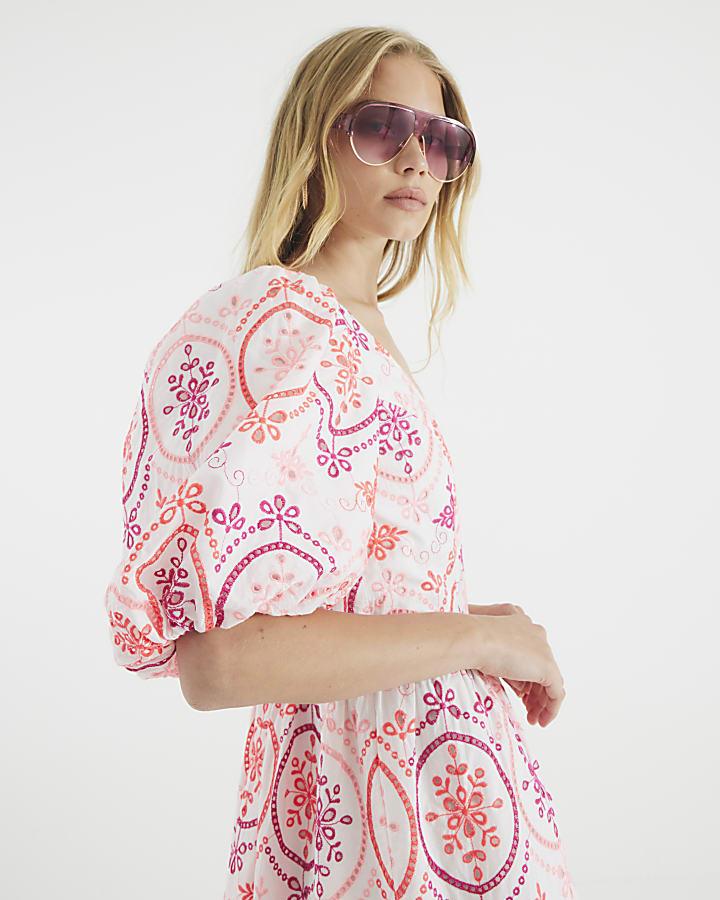 River Island White Short Puff Sleeve Cutwork Mini Dress