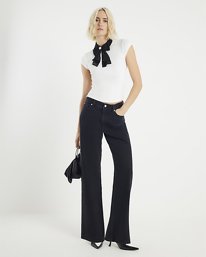 River Island White Short Sleeve Bow Neck Fitted Top
