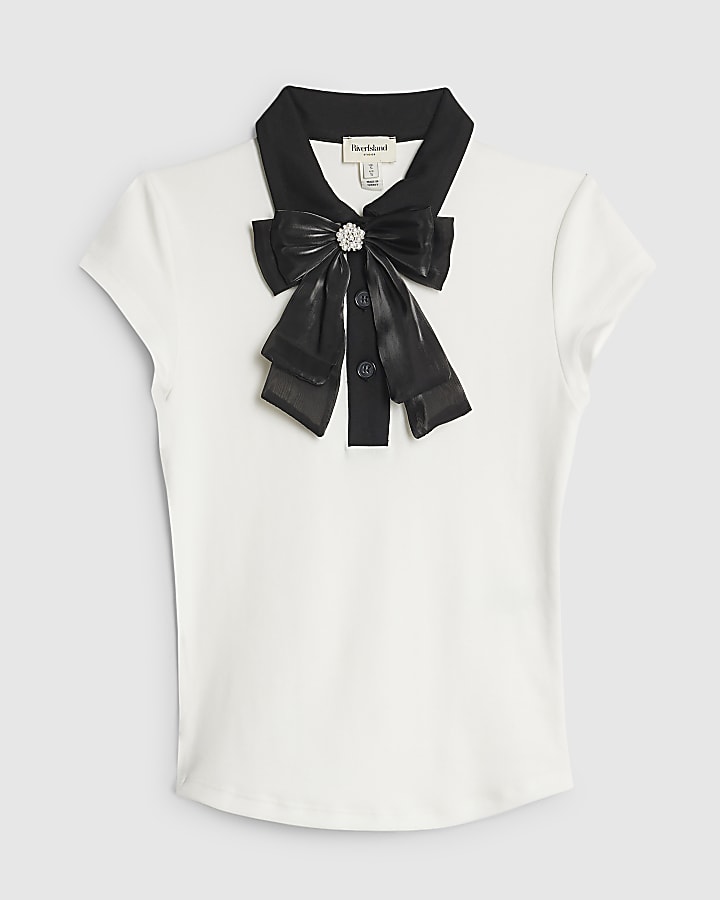 river island White Short Sleeve Bow Neck Fitted Top