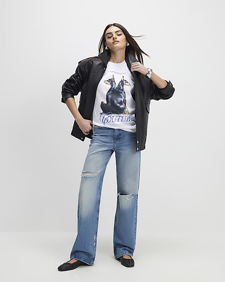 River Island White Short Sleeve Dog Graphic T-Shirt