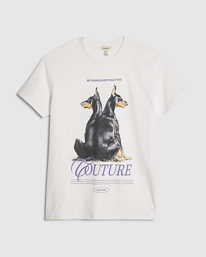 river island White Short Sleeve Dog Graphic T-Shirt