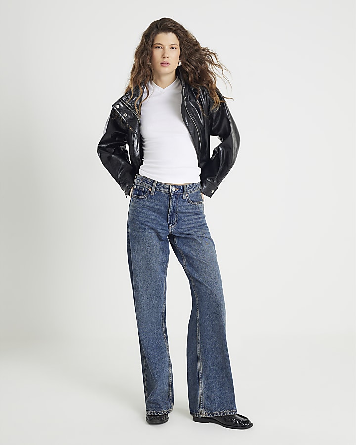 River Island White Short Sleeve High V Neck Ribbed Top