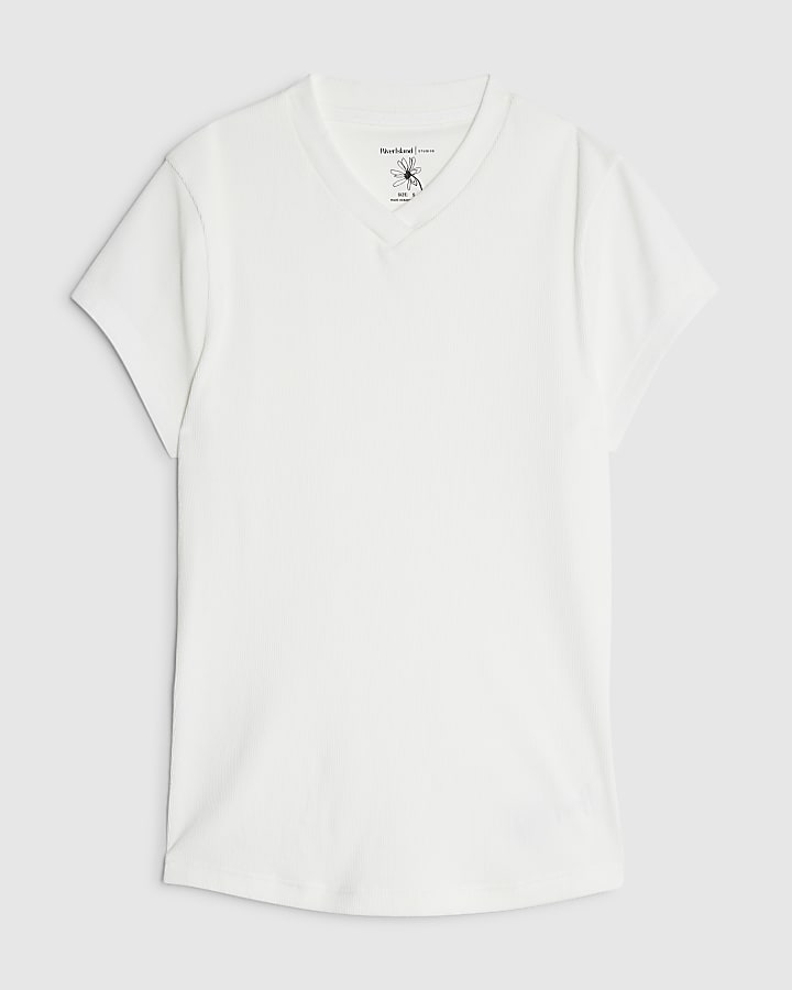 river island White Short Sleeve High V Neck Ribbed Top