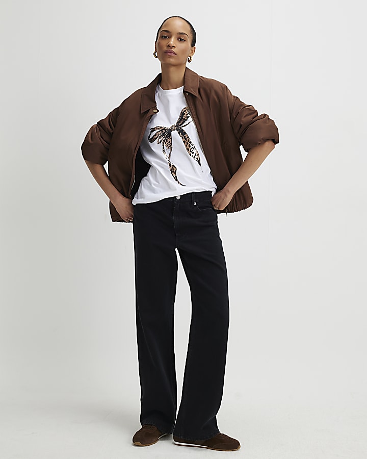 River Island White Sketchy Foil Leopard Bow T-Shirt