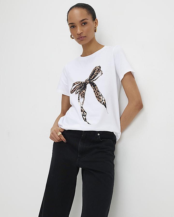 River Island White Sketchy Foil Leopard Bow T-Shirt