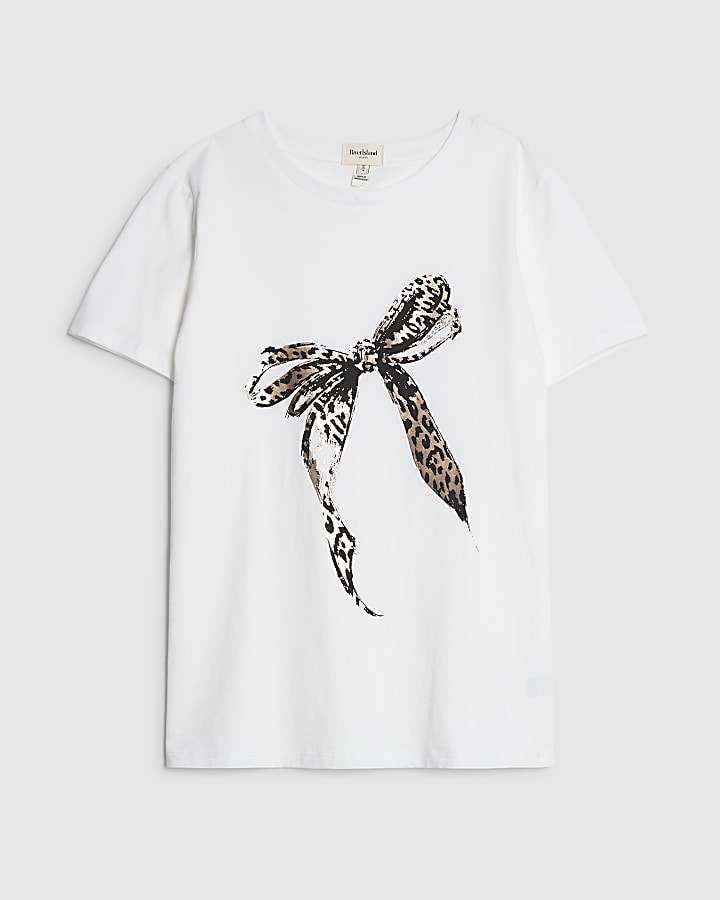 river island White Sketchy Foil Leopard Bow T-Shirt