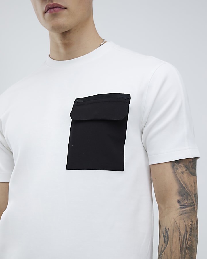 River Island White Slim Fit Nylon Chest Pocket T-Shirt