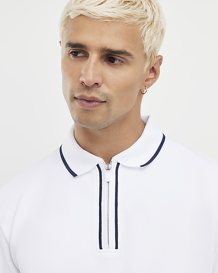 River Island White Slim Fit Textured Zip Tipped Polo Shirt