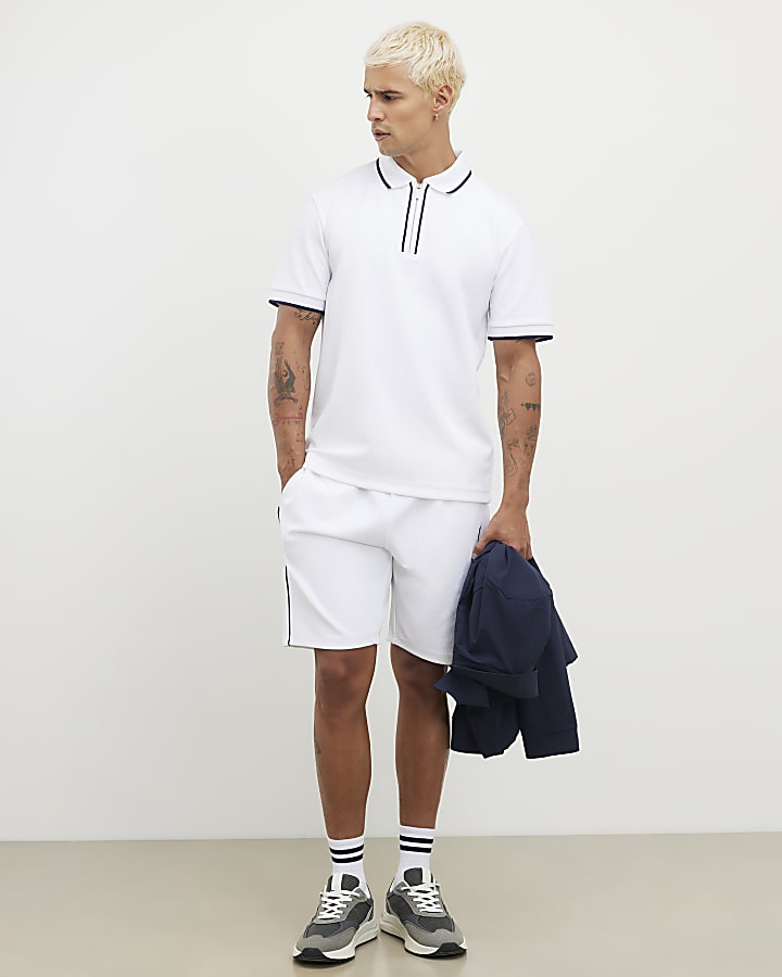 River Island White Slim Fit Textured Zip Tipped Polo Shirt