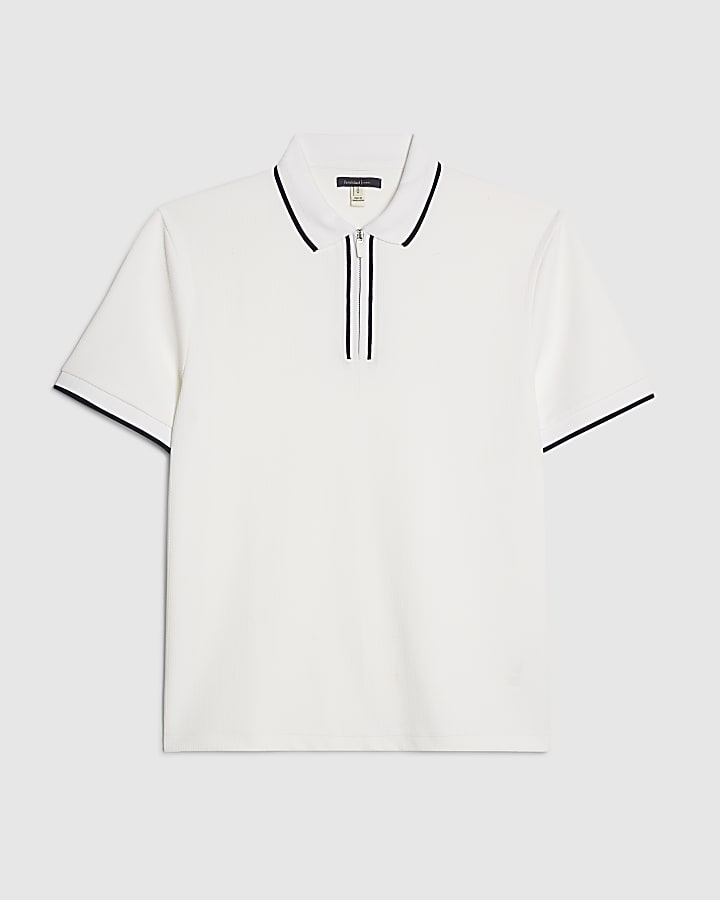 river island White Slim Fit Textured Zip Tipped Polo Shirt