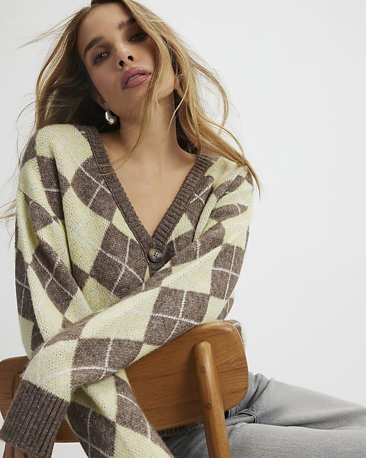 River Island Yellow Knitted Argyle Long Sleeve Cardigan