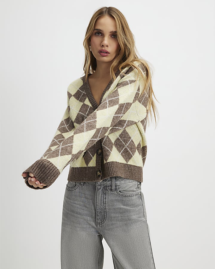 River Island Yellow Knitted Argyle Long Sleeve Cardigan