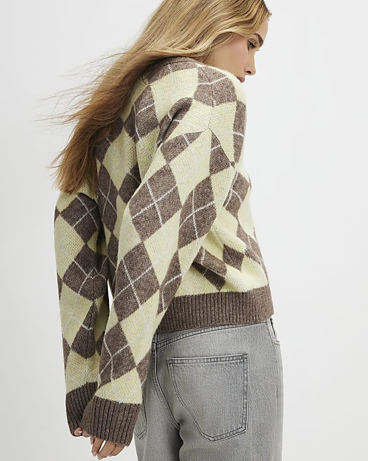 River Island Yellow Knitted Argyle Long Sleeve Cardigan