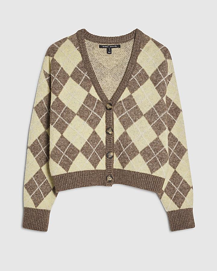 river island Yellow Knitted Argyle Long Sleeve Cardigan