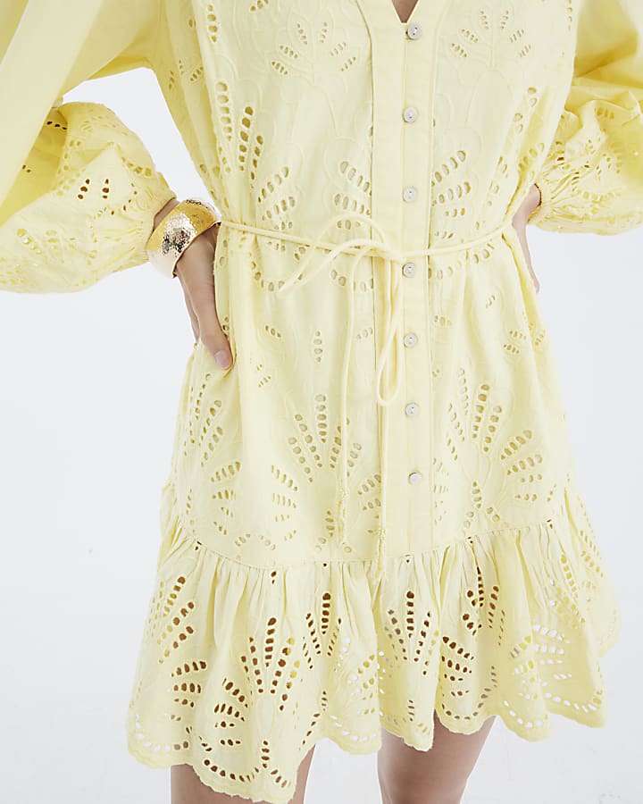 River Island Yellow Long Sleeve Cutwork Mini Shirt Dress