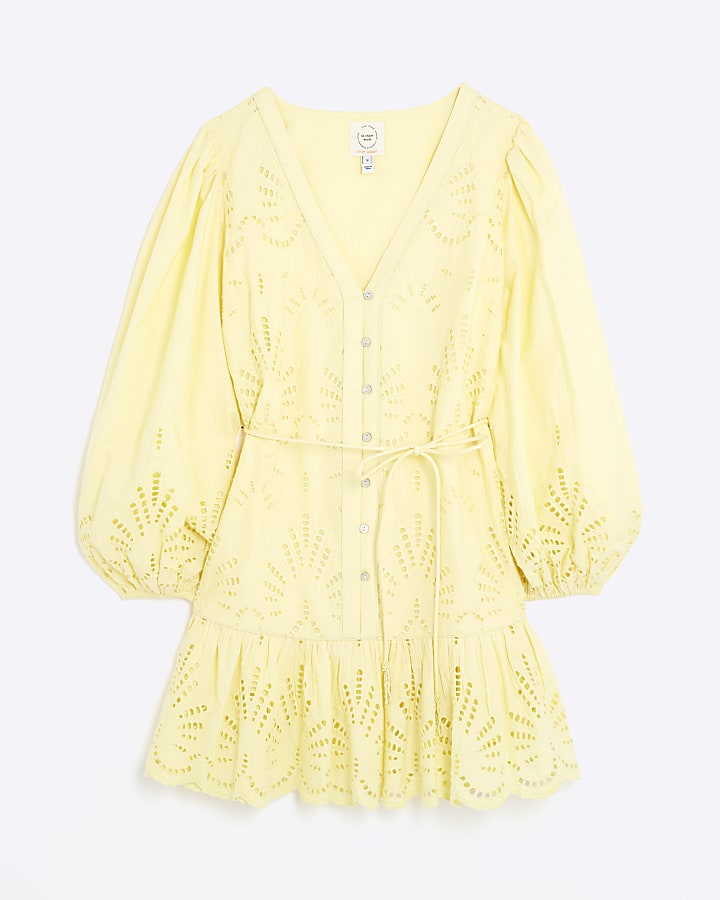 river island Yellow Long Sleeve Cutwork Mini Shirt Dress
