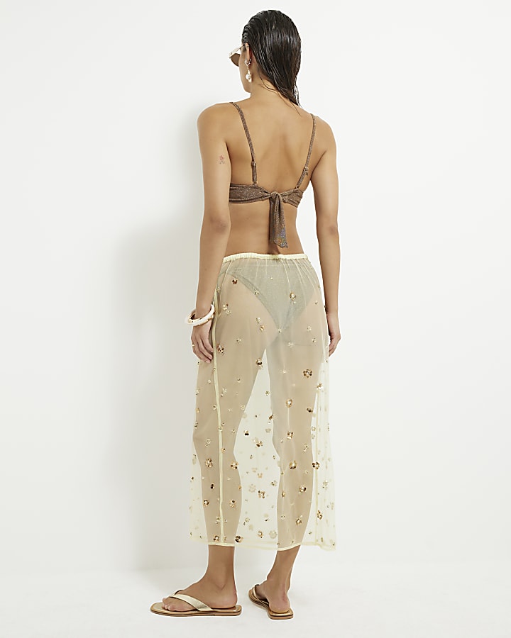 River Island Yellow Mesh Embellished Midi Beach Skirt