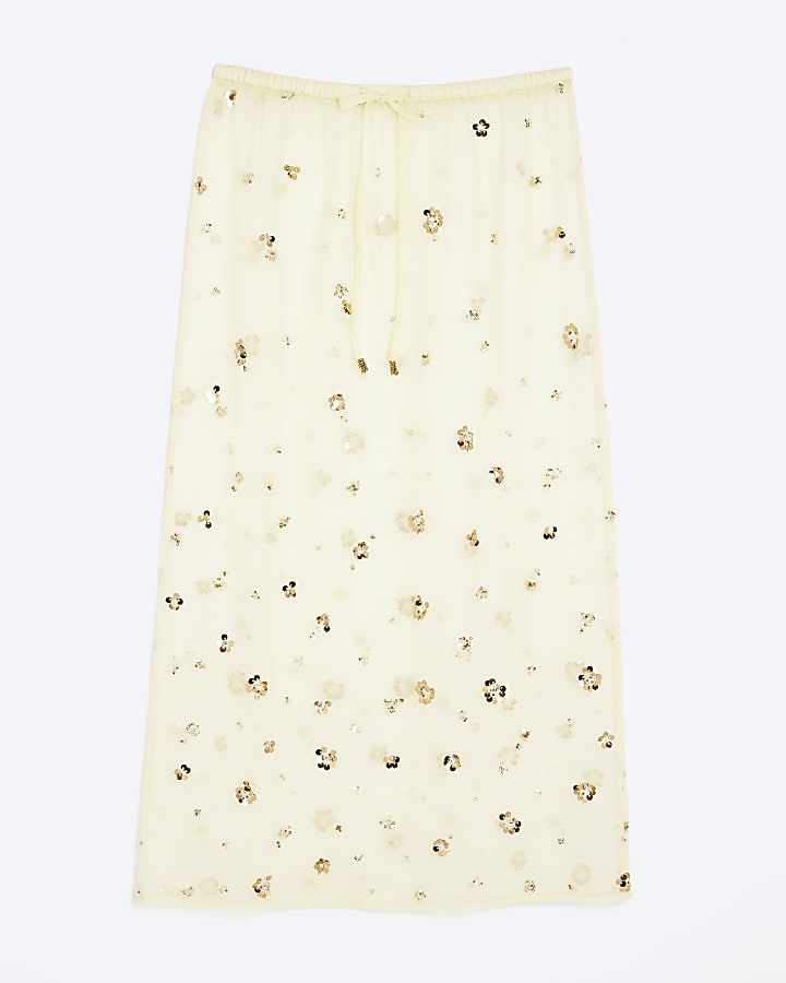 river island Yellow Mesh Embellished Midi Beach Skirt