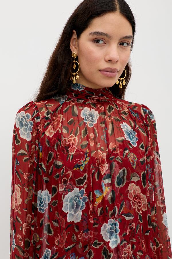 Rixo Adalind Chiffon Dress Butterfly Floral Burgundy