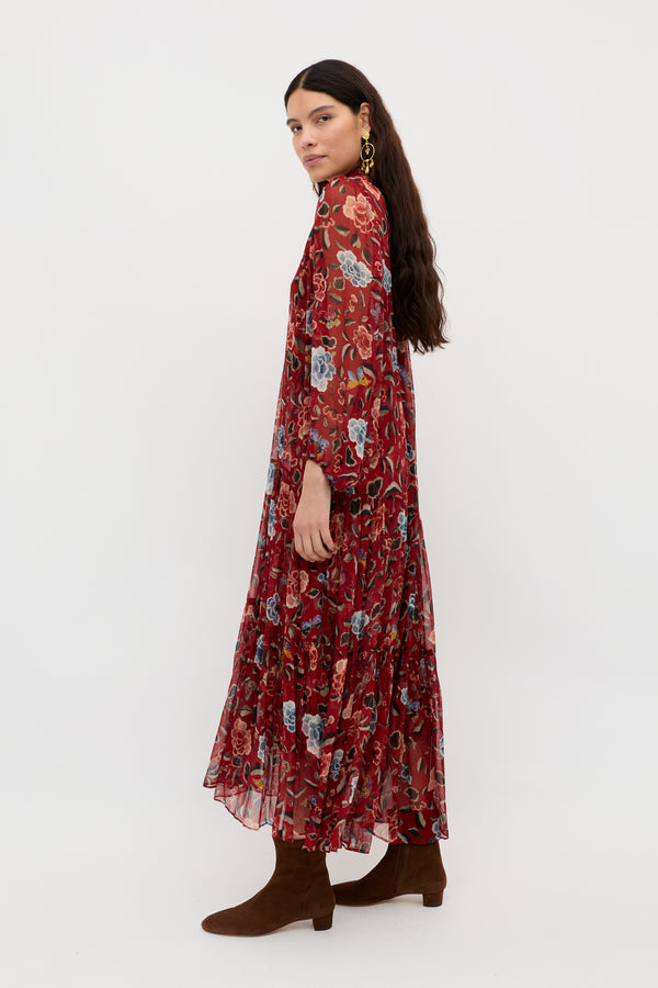 Rixo Adalind Chiffon Dress Butterfly Floral Burgundy
