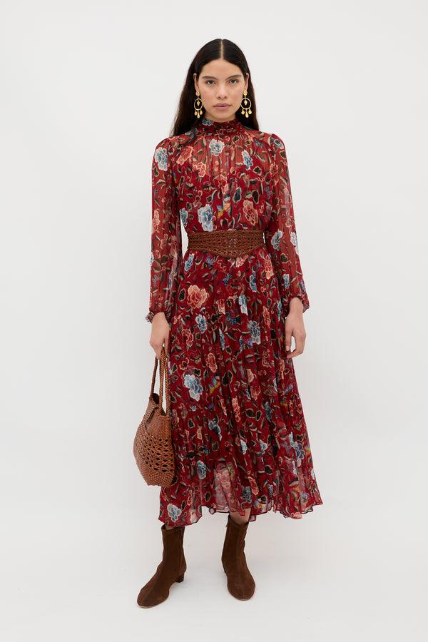 Rixo Adalind Chiffon Dress Butterfly Floral Burgundy