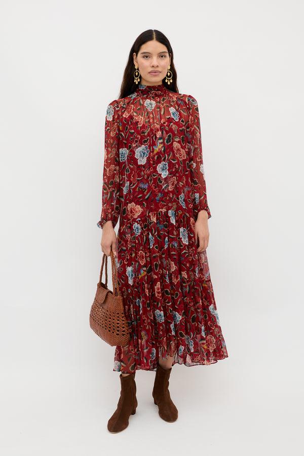 rixo Adalind Chiffon Dress Butterfly Floral Burgundy