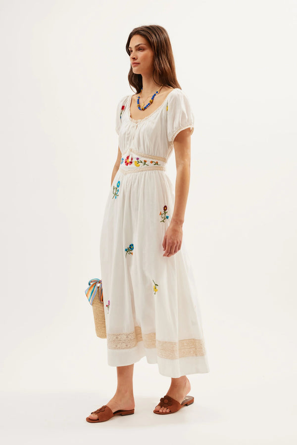 Rixo Alani Midi Dress Ombre Floral Embroidery Ivory